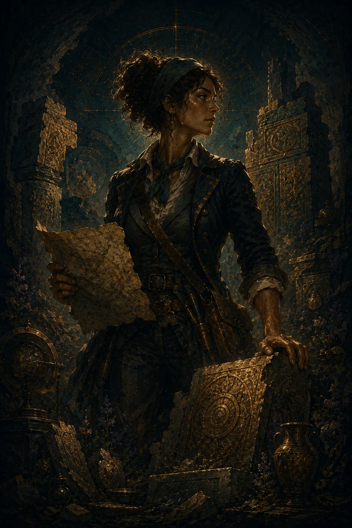 Archaeologist archetype studying ancient forms under dark blue and copper expedition light