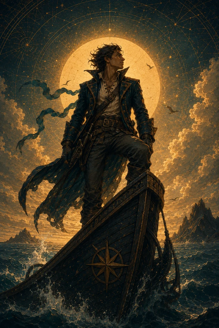 Captain archetype standing at the prow of a ship under a sunlit sea horizon