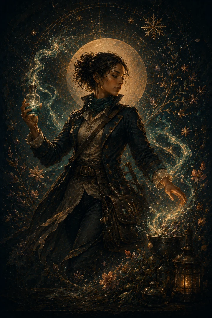 Doctor archetype in a compact medical silhouette surrounded by cool night-sea details