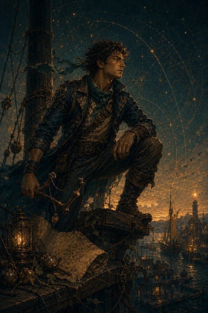 Inventive scout archetype crouched above a harbor with handmade ranged-tool details and star-chart markings