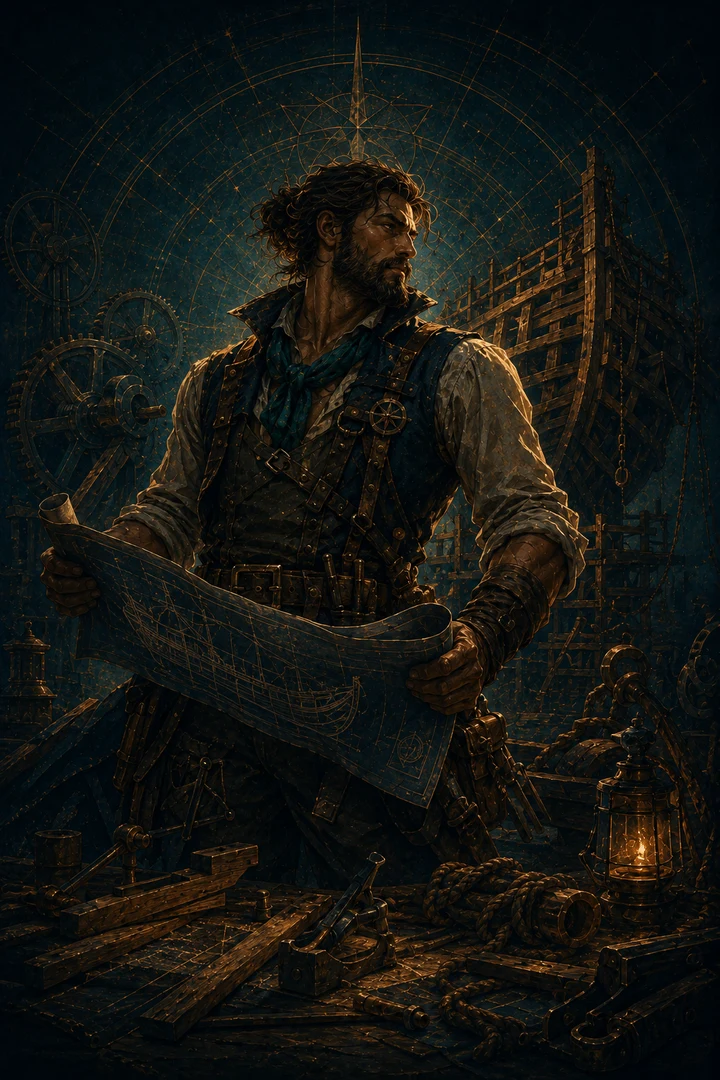 Shipwright archetype surrounded by nautical craft, brass tools, and workshop-dark sea atmosphere